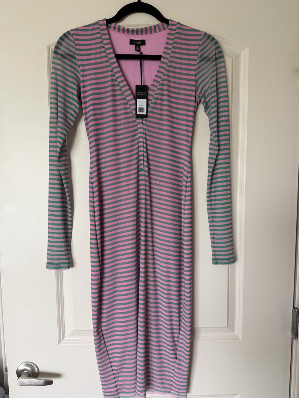 AFRM Pink & Mint Striped V-Neck Dress